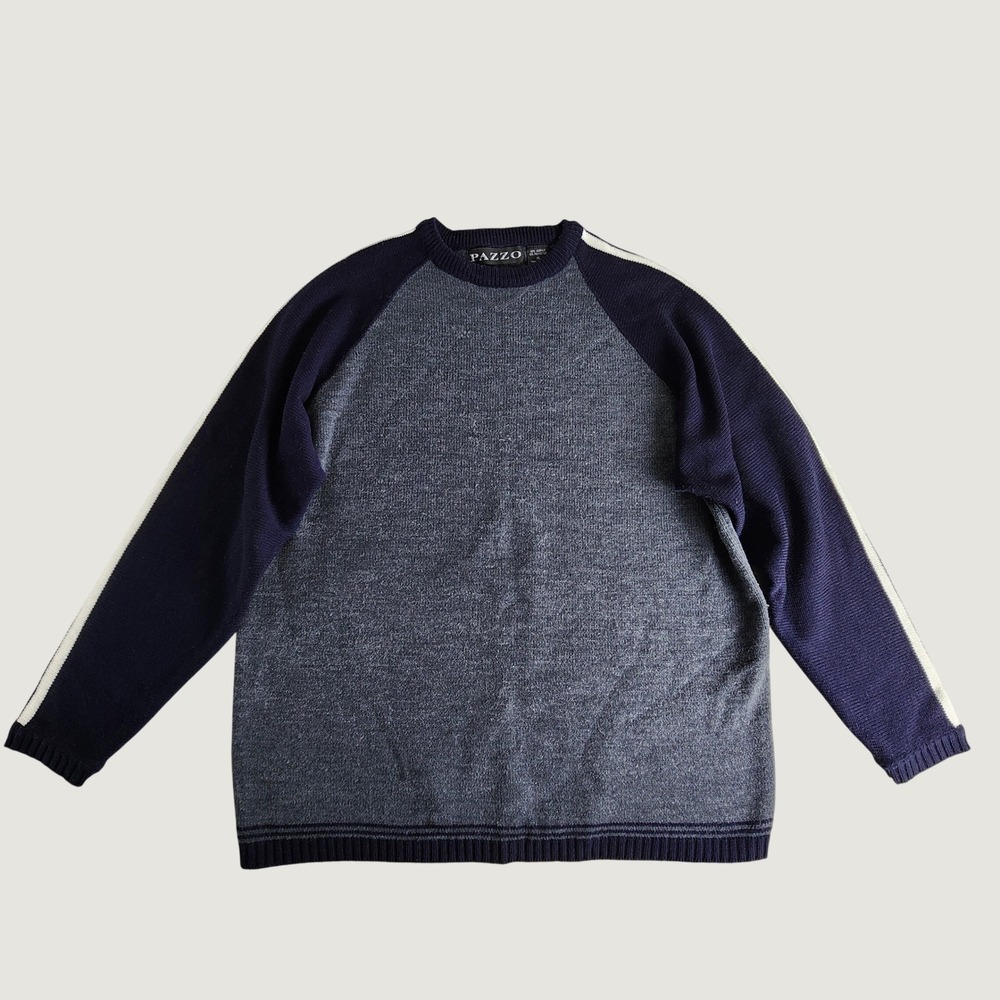 VTG‎ Pazzo Mens XL Raglan Sweater Navy Blue Grey White Stripe Crew Pullover Y2K